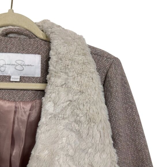 Jessica Simpson Womens Sz S Blush Pink Faux Fur Collar Coat Wool Blend Belted - Picture 4 of 8